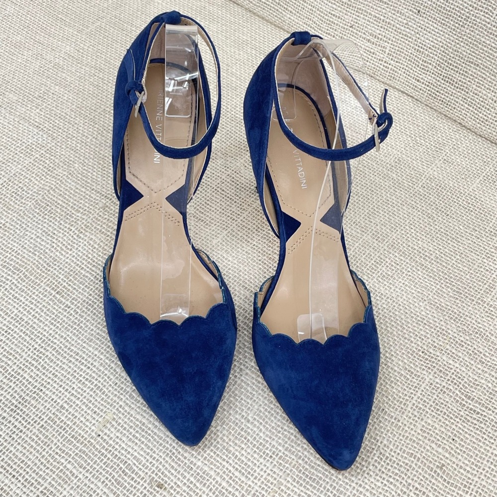 Adrienne Vittadini Blue Suede Scalloped Ankle Strap Heels AV-NENI Womens 10M - Picture 9 of 13